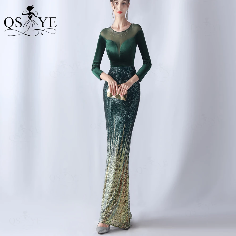 Long Sleeves Green Prom Dresses Hot Drill Scoop neck Velvet Evening Gown Fade Sequined Gold Bottom Party Dress Illusion Back New