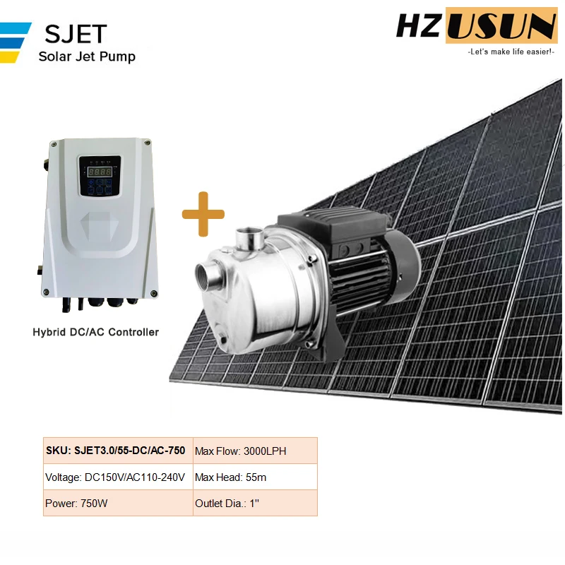 Hybrid Solar Surface Booster Pump AC/DC 24/7 Operation 1HP Home Use Stainless Steel Clean Water Power Pressure Pump