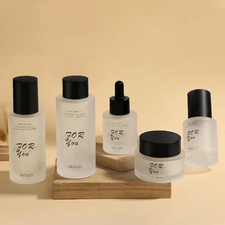 Broad flat shoulders cosmetics cream frosted glass bottles and jars with silk screen black LOGO 30g 50g 120ml 150ml glass bottle