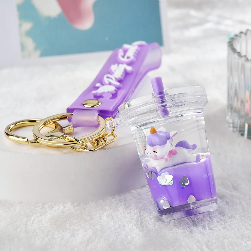 Cute Oily Pearl Milk Tea Unicorn Floating Liquid Keychain Acrylic Quicksand Pendant Cup Drink Bottle Keyring X302