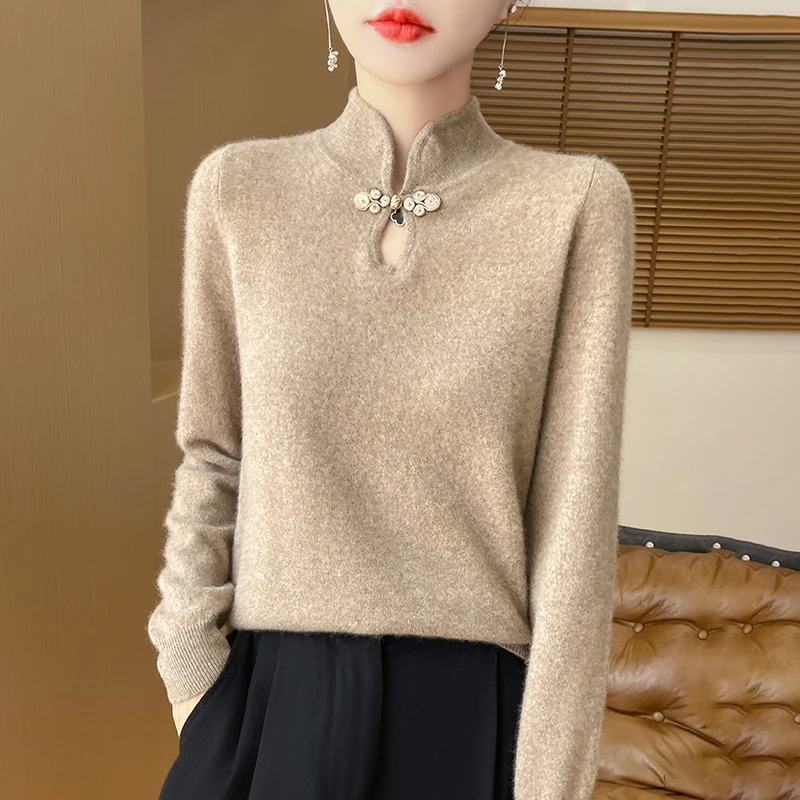 Autumn Winter New Chinese Stand Collar Disc Buckle 2024 Sweater Long Sleeve Bottom Knit Top Knitting ZD3012