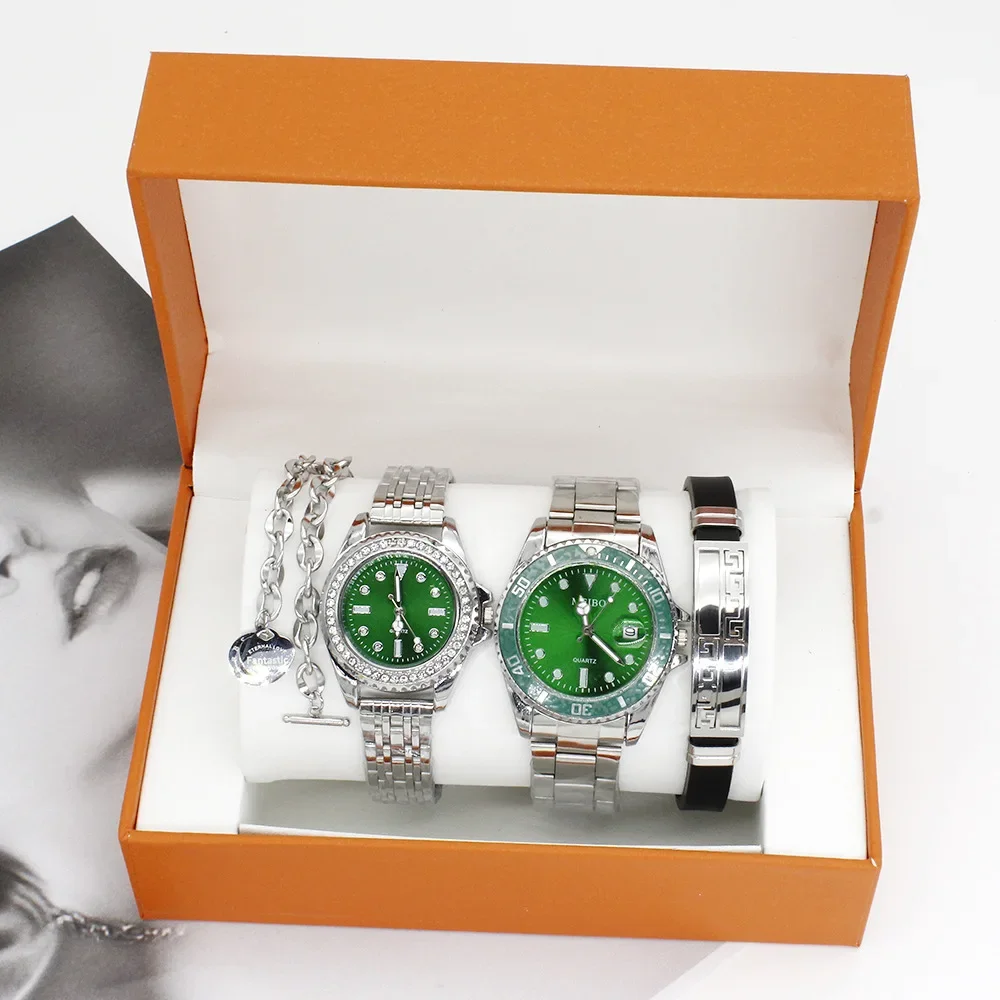 4PCS/Set Couple Quartz Watch Bracelet Set Fashion Valentine's Day Gift Stainless Steel Crystal Watch Men Women Quartz Watch Set