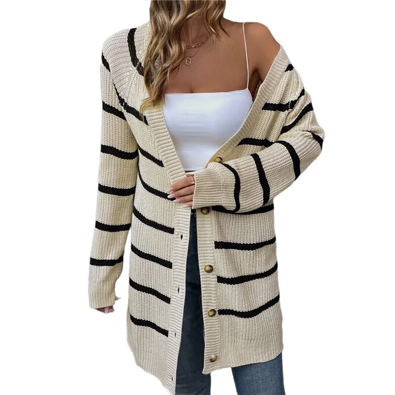 

ABRT-Women's Stripe Button Long Cardigan Sweater Casual Fall Knit Sweater