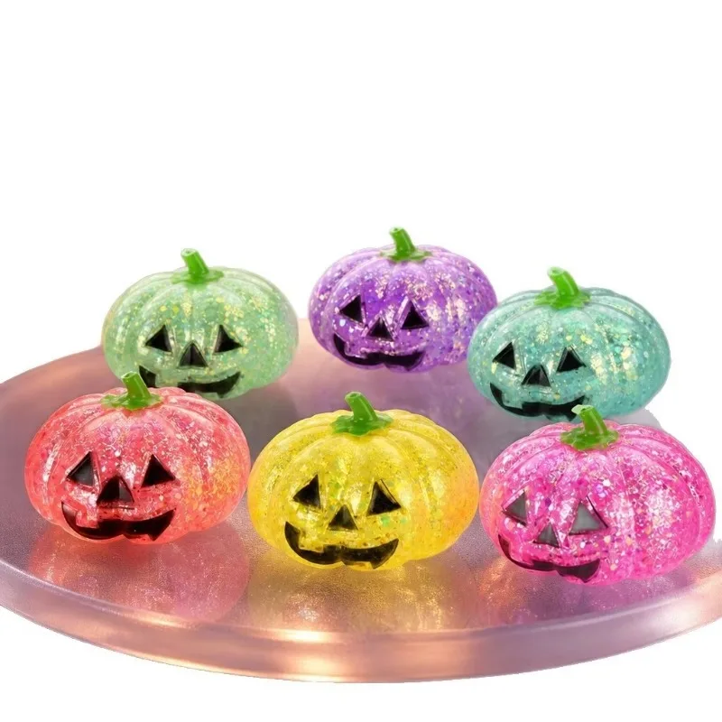 Halloween Squishy Glitter Pumpkin Stress Toy Sequin Filled Jack-O-Lantern Squeeze Toy Eco-friendly TPR Anxiety Relief Tool
