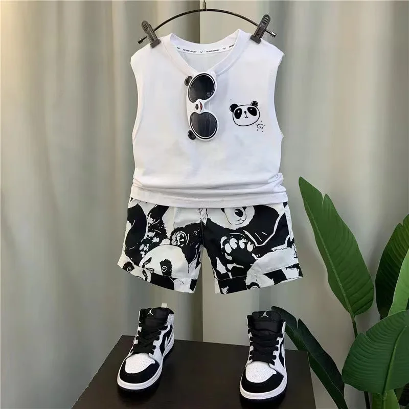 Boys' Summer Set 2024 New Western Style Children's Handsome Pure Cotton Sleeveless Tank Top Short Sleeve Two Piece Set