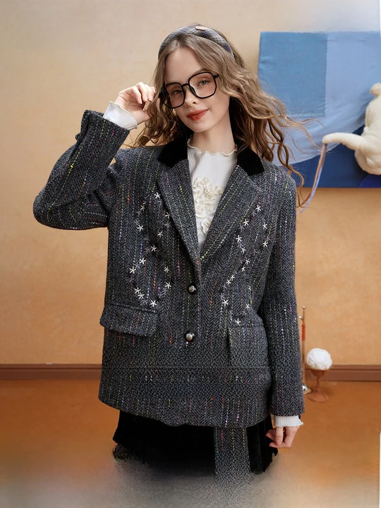 

Retro Star Embroidery Stripes Thi Tweed Suit Jaet Women's Loose Fit Long Sve Button up Commute Friendly