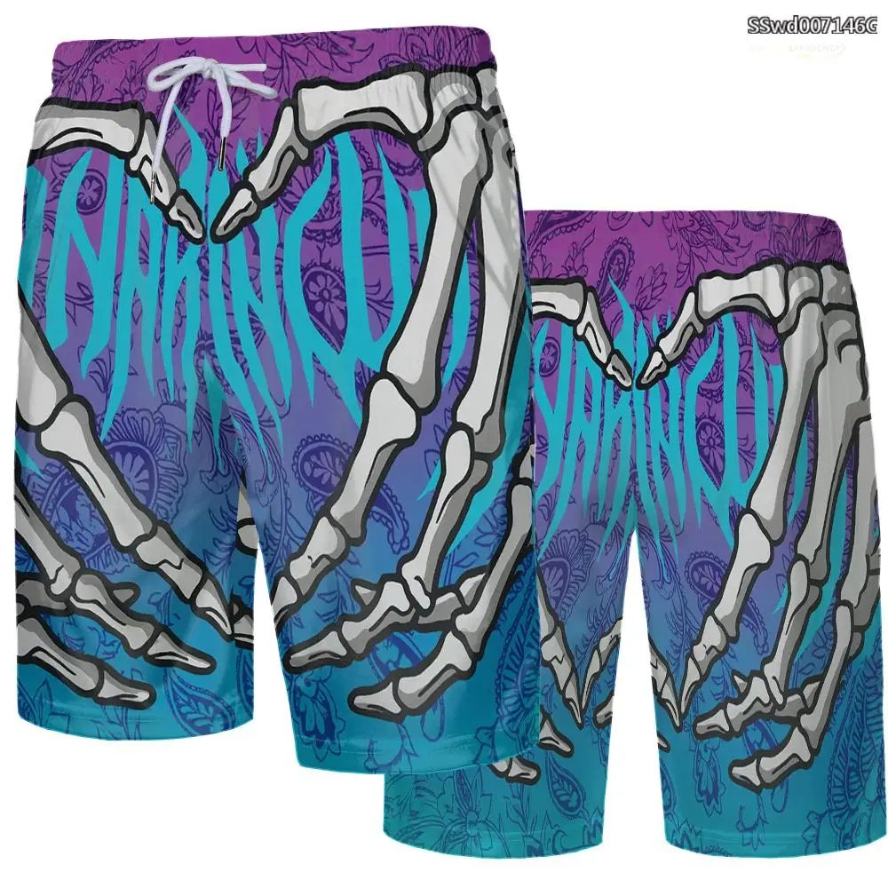 Men's Thin Quick-dry Swimming Trunks Fashion 3D Handprint Pattern Running Sports Pants Hawaiian Holiday Drawstring Beach Shorts