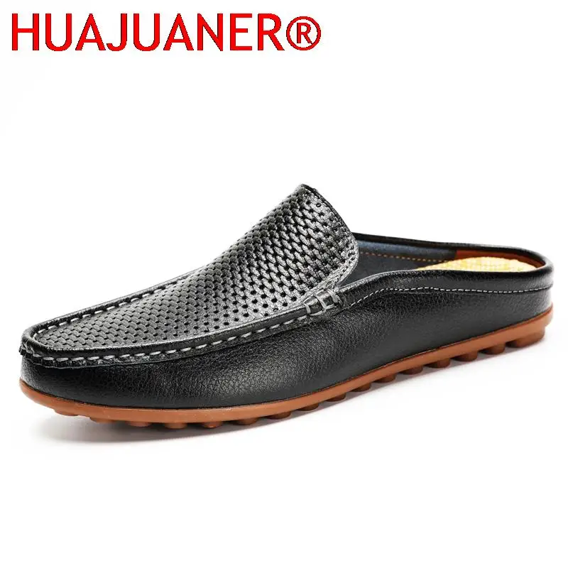 2025 Fashion Half Drag Loafers Men Casual Leather Driving Shoes Classic Mesh Summer Slippers Breathable Light Leisure Walk Flats