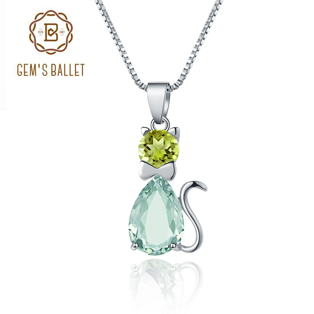 Gem's Ballet 925 Sterling Silver Green Amethyst Peridot Cat Necklace For Women Pandent With Chain 45cm Elegant Dropshipping