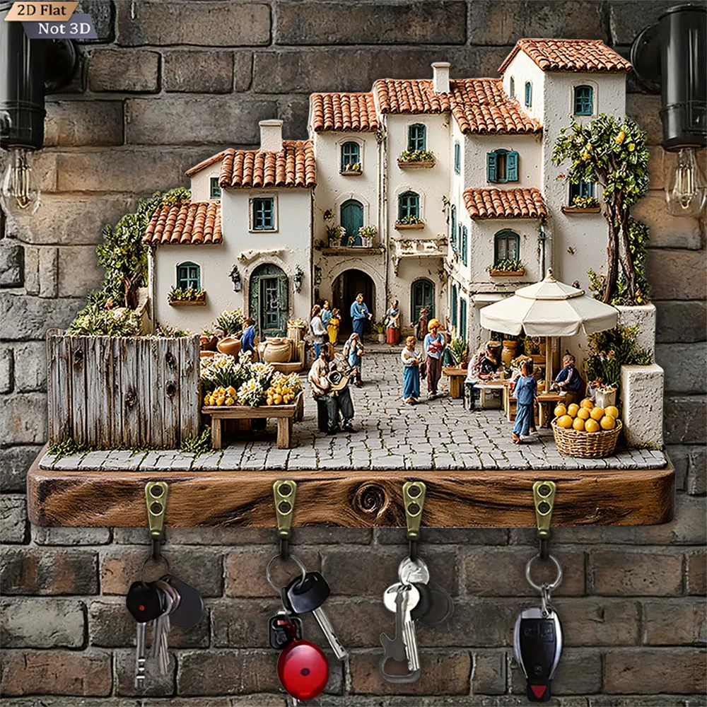 2D Flat, 1pc, Mediterranean-style Village Key Hook, Wooden Multifunctional Home Key Hook, with Four Metal Hooks, Wall