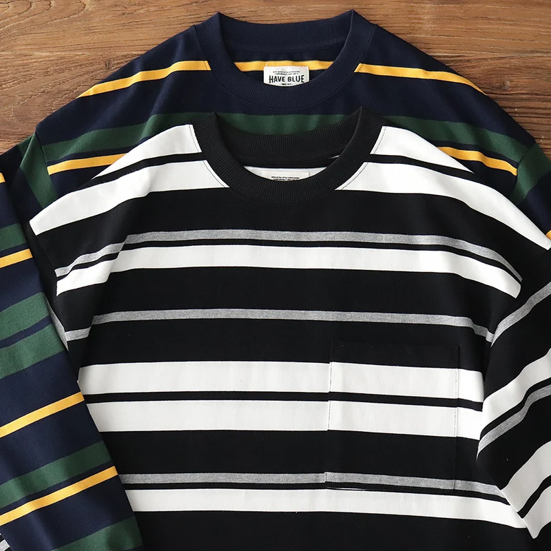 

Heavyweight Long Sve T-irt Men's Japanese Retro Loose Fit Cotton Pure Color ket round Ne Sweatirt Youth Trendy