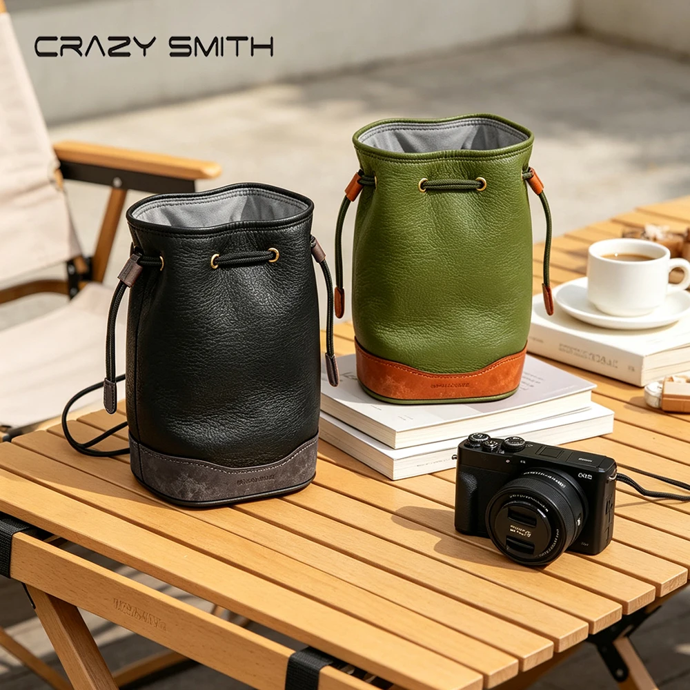 CRAZYSMITH Full-Grain Leather Camera Bag Vintage Bucket Cameras Organizer Adjustable Drawstring Bag Camera Storage Bag Protector