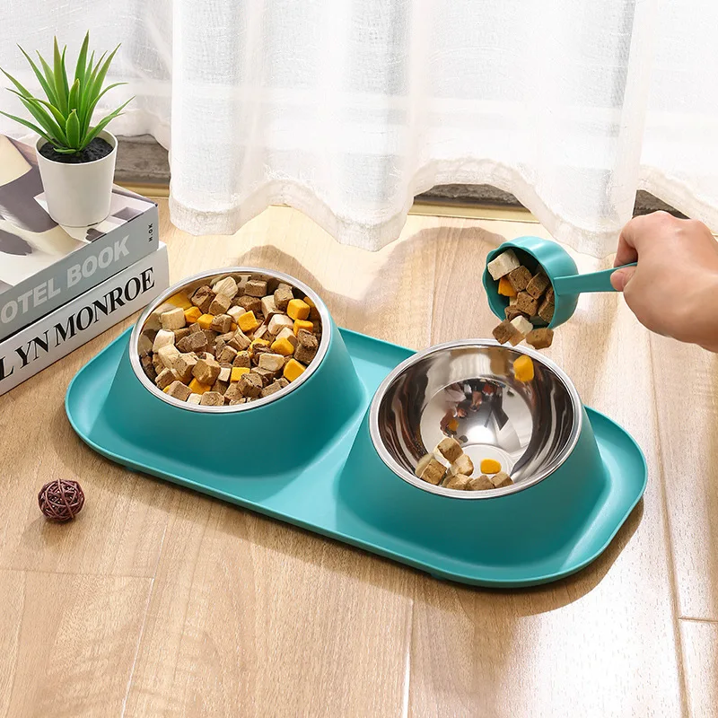 1pc Stainless Steel Double Cat Dog Bowl Cat Food Container Non-slip Base Pet Water Feeder Tilt Safeguard Neck Puppy Cats Bowls