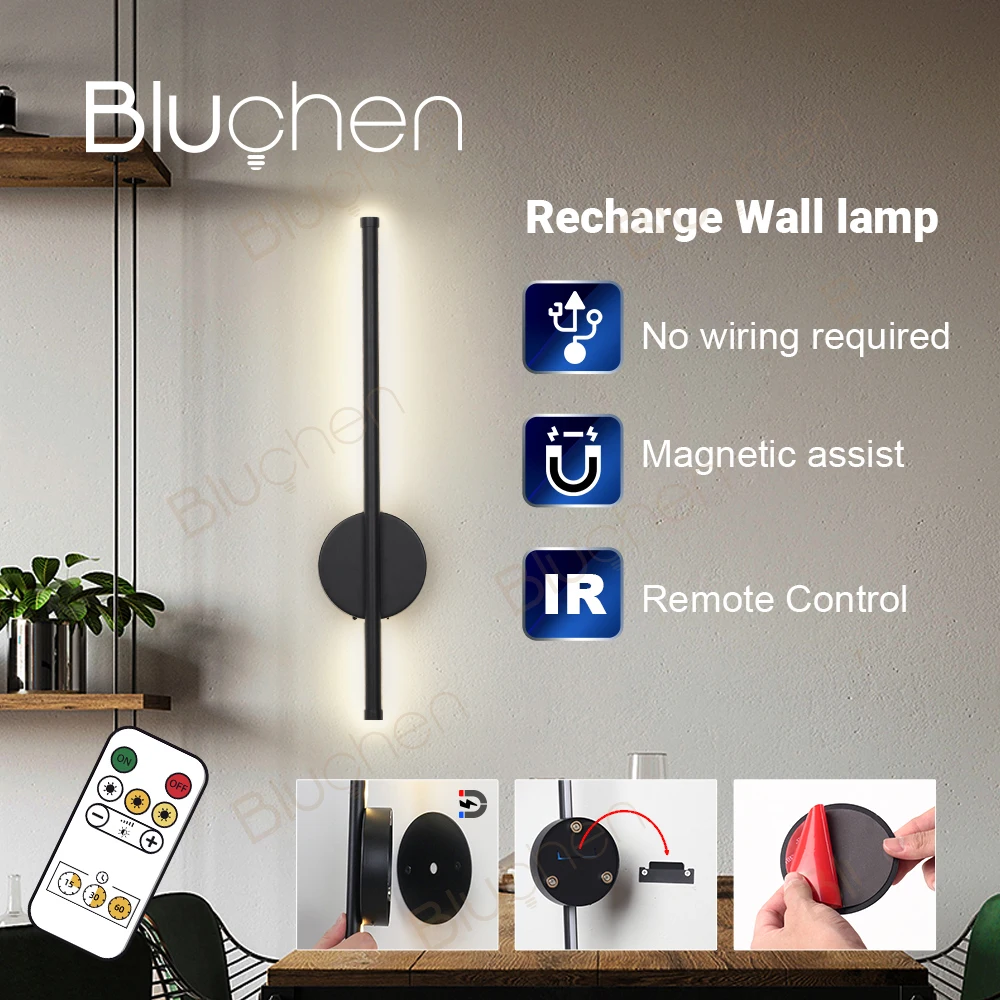 

LED Wall Light Battery Powered 50CM Modern Wall Sconce Light with Remote Control Wireless Rechargeable Inside Wall Lamp Black