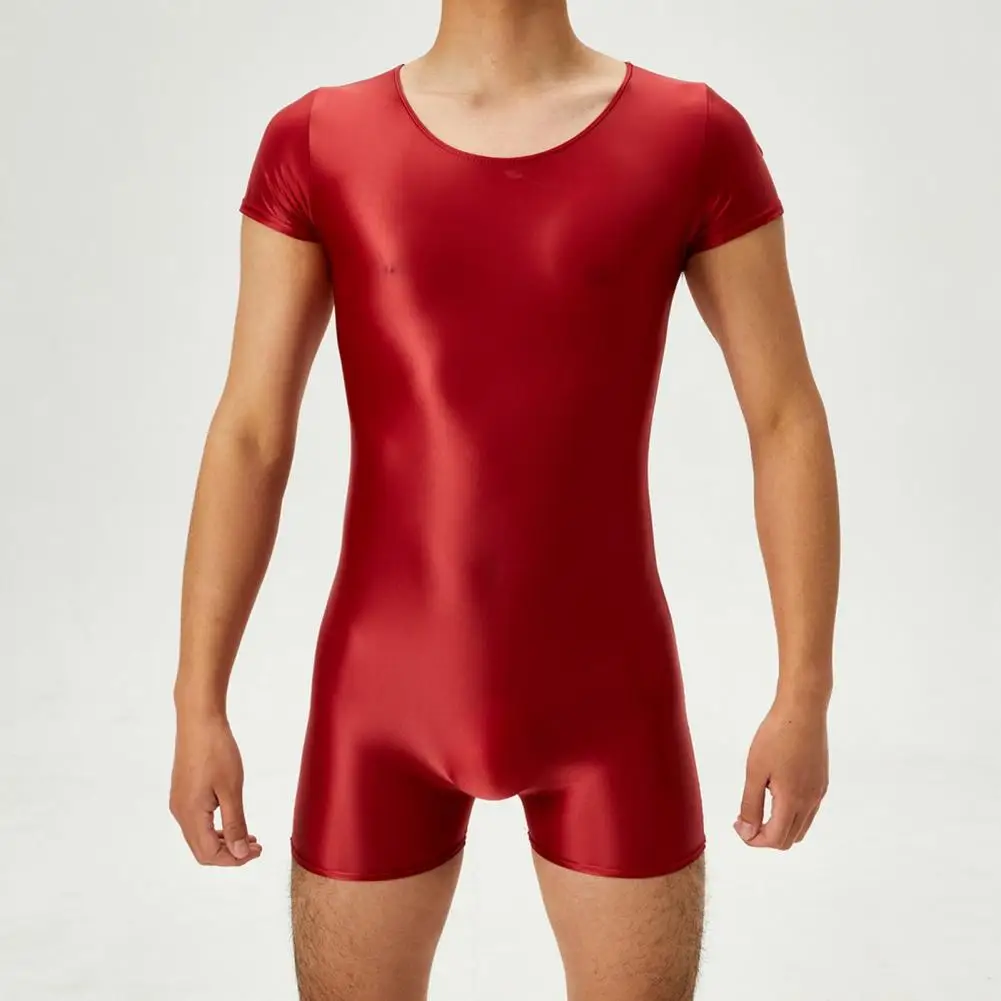 Men Romper Smooth Glossy Surface Highly Elastic Skinny Short Sleeves O Neck Tight Fit Fitness Nightclub Playsuit Slim Fit Top