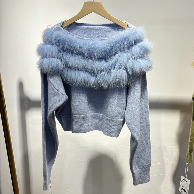 2025 여성 겨울 두꺼운 사랑스러운 여우털 칼라 천연 여우털 소녀 가을 짧은 스웨터 니트 코트