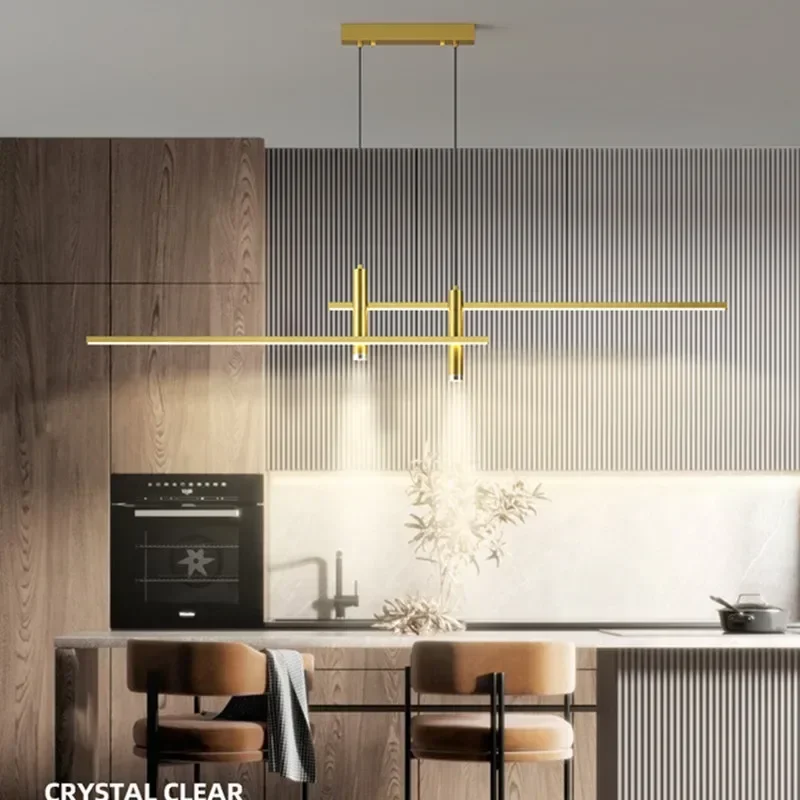 

New minimalist LED restaurant chandelier gold black kitchen table Long strip chandelier modern home decoration lighting fixture