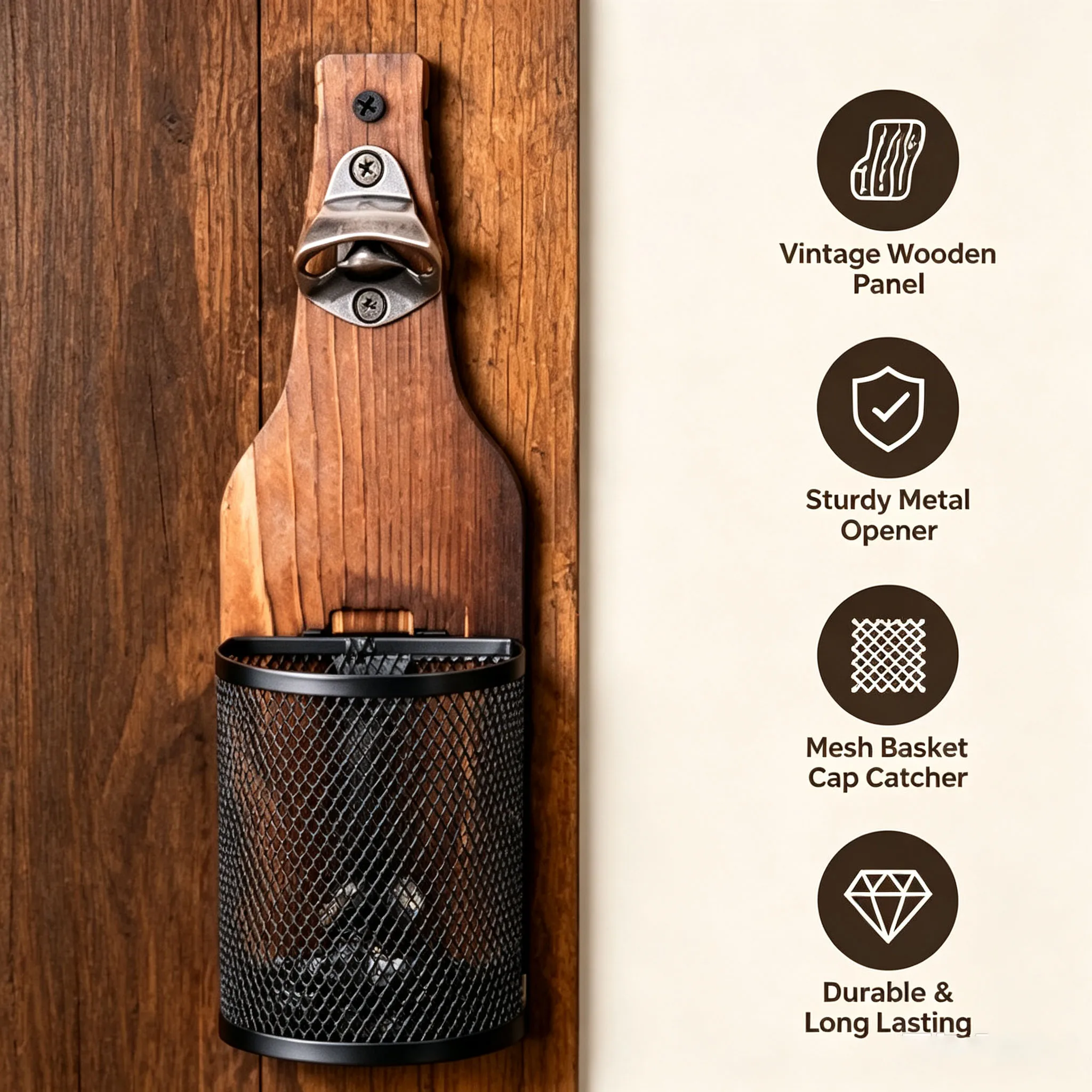 Vintage Wood Wall Beer Opener with Cap Storage Basket Retro Bar Wall Decoration for Kitchen Backyard BBQ Gift for Beer Fans