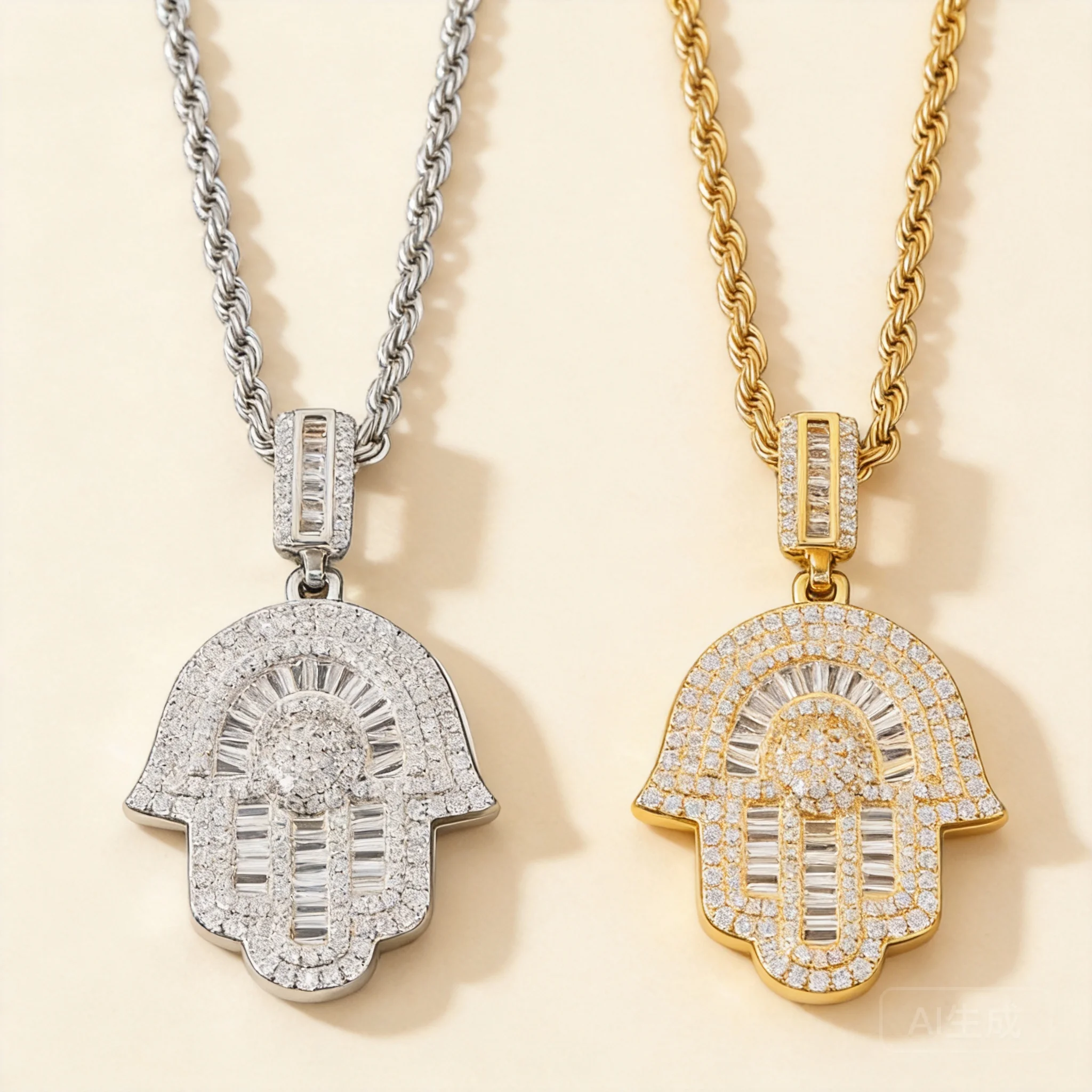 

18k Gold Silver Plated Iced Out Baguette Cubic Zirconia Hamsa Hand Pendant Necklace Lucky Blessing Amulet Religious Hip Hop Jewe