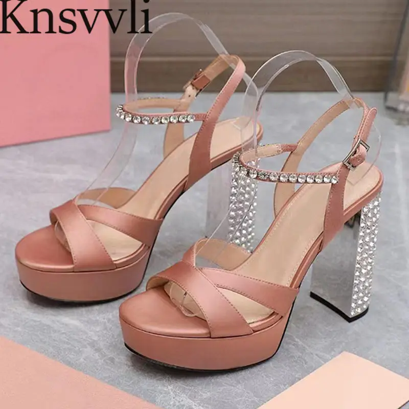 

Super High Heels Sandals Woman Satin Rhinestone Ankle Strap Runway Party Shoes Lady Crystal Chunky Heels Platform Sandals Women