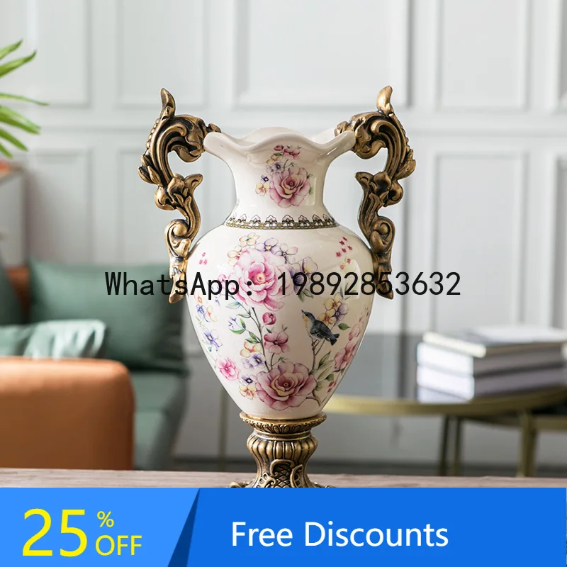 

YFY Creative European Style Double-Ear Trophy-Shaped Floor Ceramic Vase Craft American Retro Home Decor