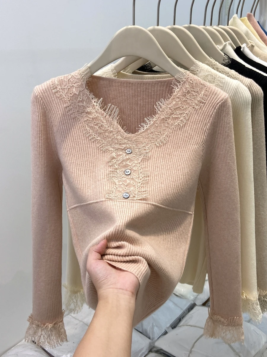 

Корейская мода, осенние новые женские топы, милый дизайн, стиль, вязаный кружевной свитер с v-образным вырезом и длинными рукавами, пуловер M576