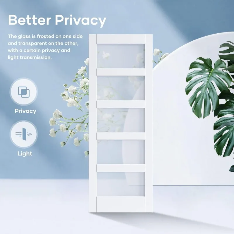 لوح باب الحظيرة الزجاجي المنزلق مقاس 32 × 80 بوصة ومجموعة أدوات بطول 5.5 قدم، 5 زجاج بلوري، لوحة خشبية LVL مغطاة بالماء الأبيض