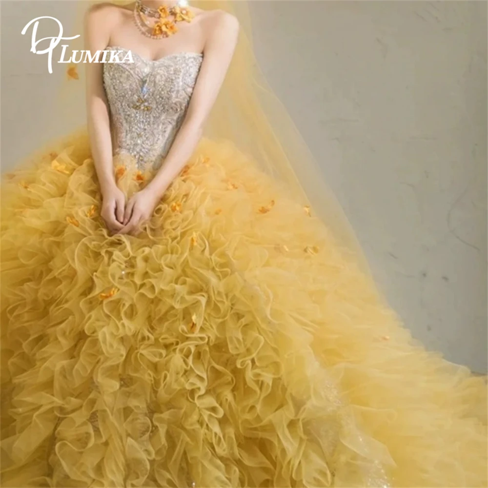 DTLumika Ruched Ball Gown Party Drss for Women, Sequined Stralpless Photoshoot Dresses, Wedding Party Gown Yellow Prom Dress
