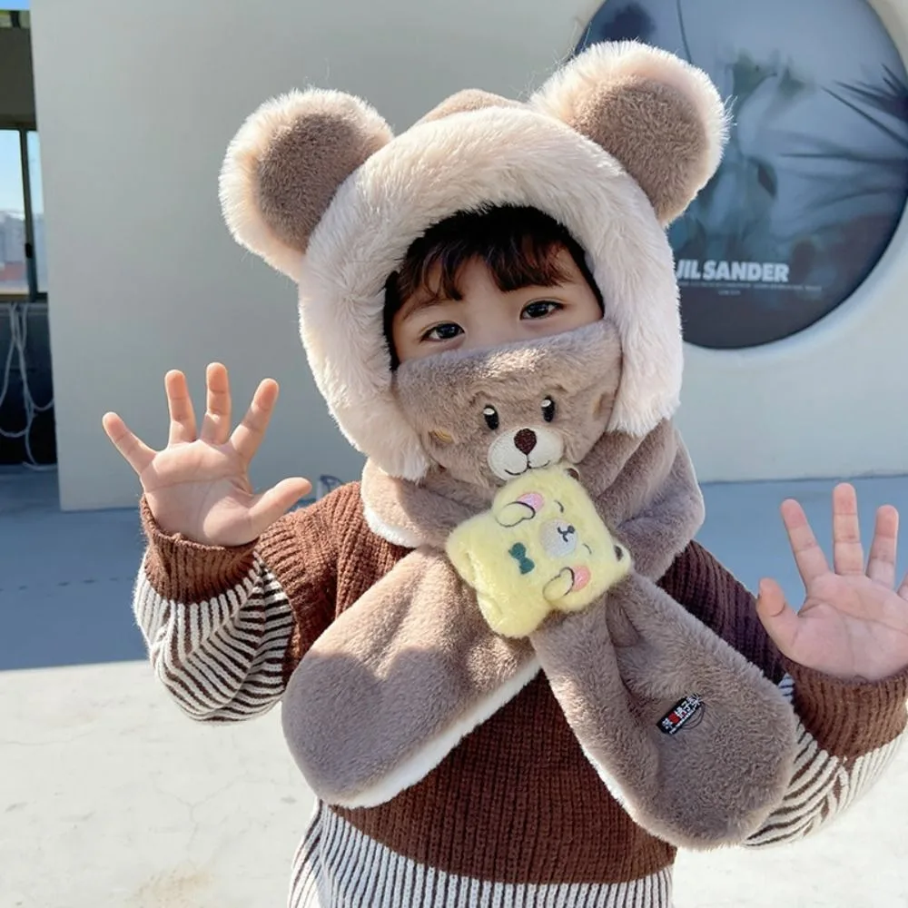 Solid Color Bear Plush Hat With Mask&Scarf Korean Style Children Fleece Hat Cloth Accessories Cartoon Plush Hat with Scarf Baby