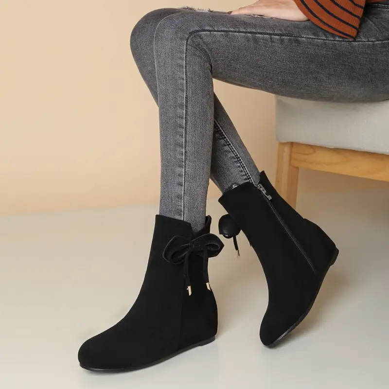 REAVE CAT Flock Suede Women Ankle Boots Round Toe Wedges 3cm Bowknot Size 41 42 43 Leisure Soft Dating Bota image 3