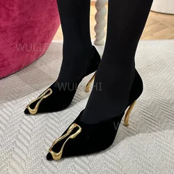 Black Velvet Gold Metal Buckle Pump Women Side Hollow Cover Casual Work Sandal Stiletto Fretwork Heel Strange Style Catwalk Shoe