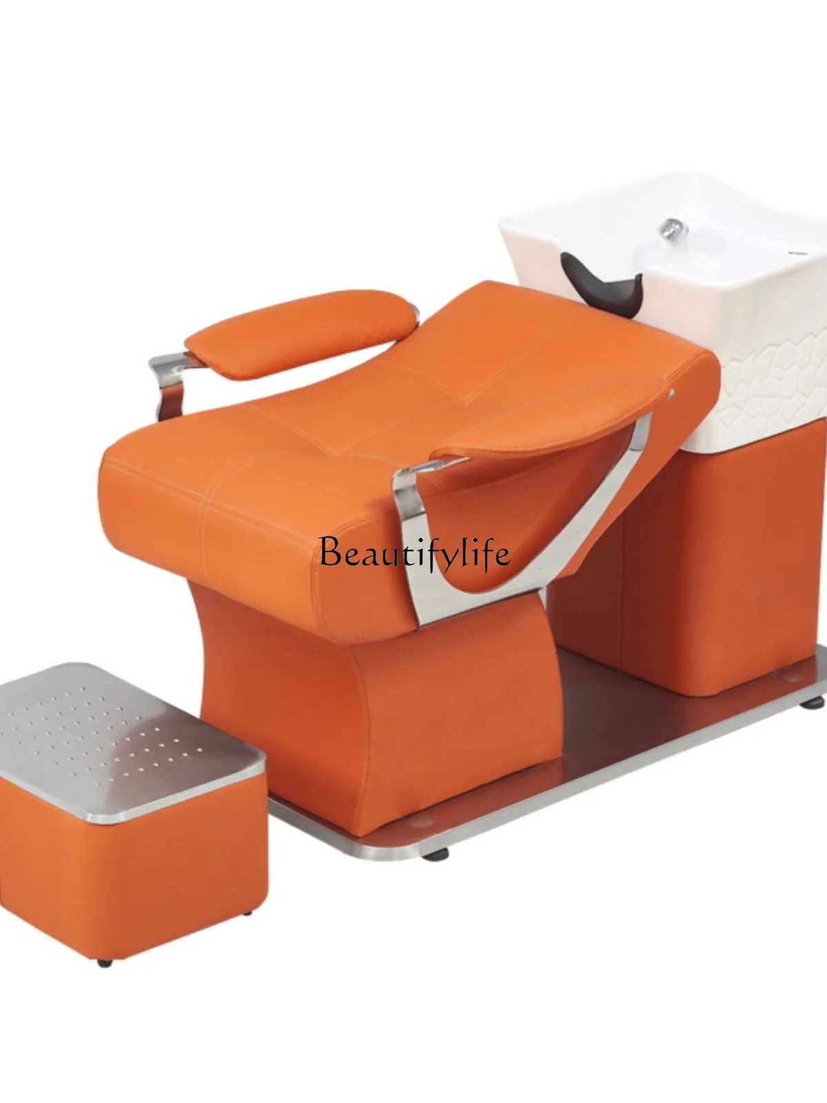 

New Hair Salon Fashion Simple Shampoo Chair Stainless Steel Lying Half Ceramic Deep Basin Flushing Bed