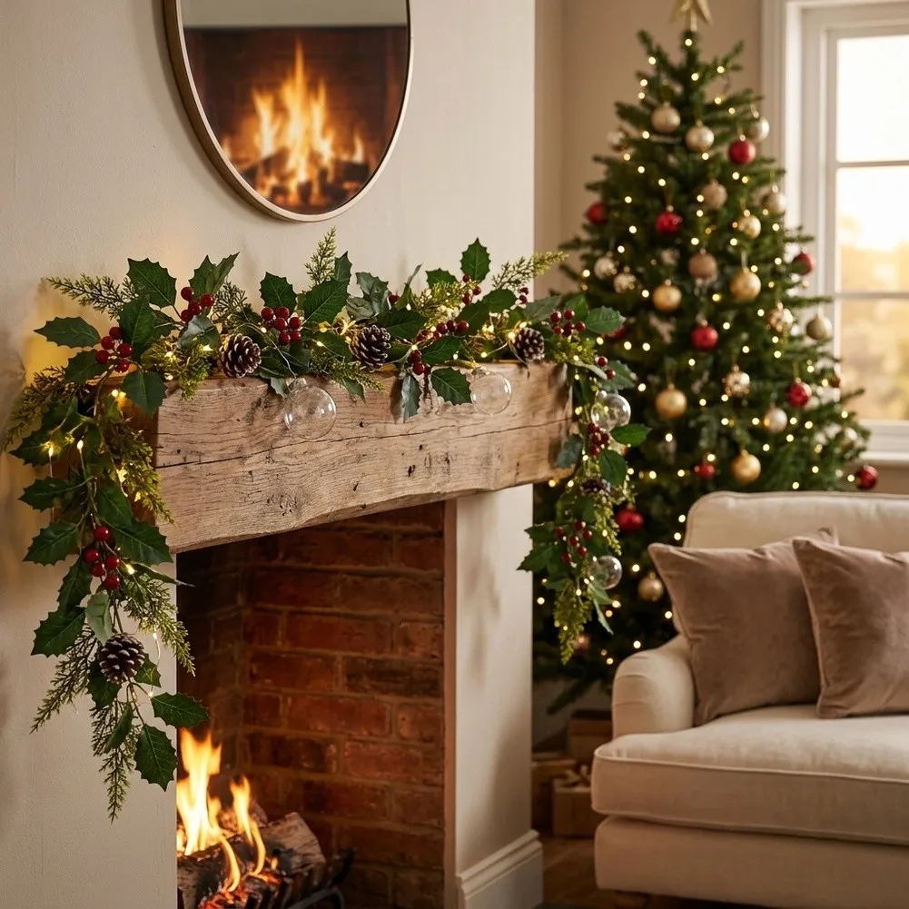 175cm 68.9 Inch Christmas Garland Artificial Christmas Garland Festive Garland Holiday Mantel for Decor Fabric Leaves Material