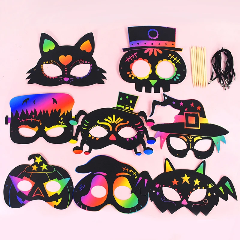 8pcs Halloween Scratch Painting Masks DIY Magic Rainbow Color Painting Gift Toys Happy Halloween Party Favors Props Decoration