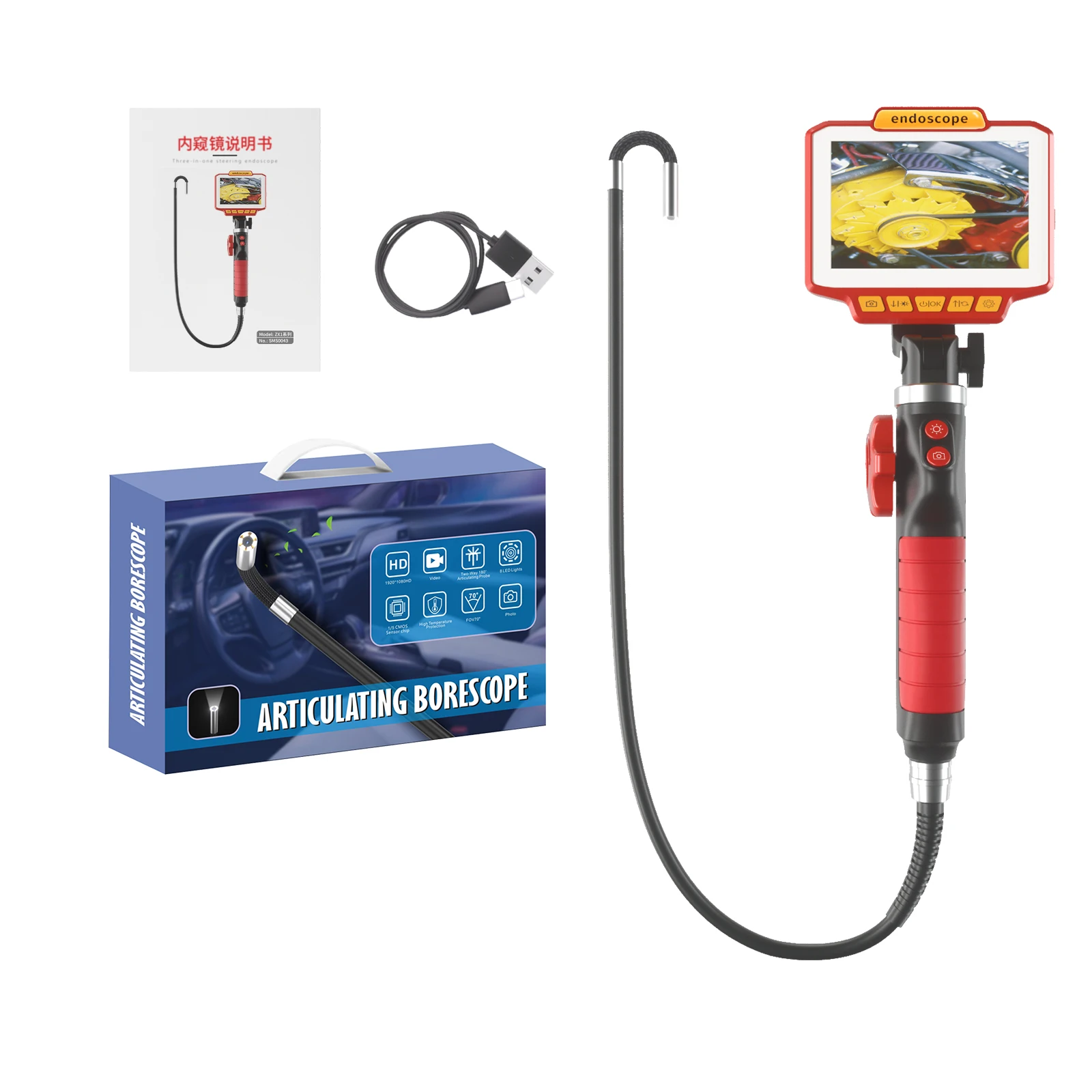 4.3Inch IPS Screen 8mm 2Way Articulate 180Degree Rotation 2MP 1080P Steering Industrial Endoscope Inspection Microscope Camera