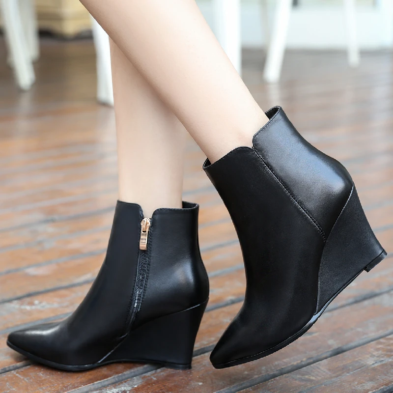 

Wedge Shoes Ankle Boots For Women Genuine Leather Winter Autumn Black Green Red Women's Short Boots Wedge Shoes Female Elegant