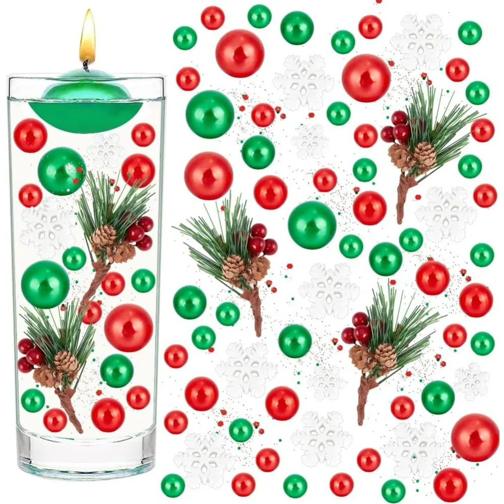 147 PCS Christmas Vase Filler Pearls, Candle Filler with Faux Pine Needles, Resin Cabochon Snowflakes for Christmas Home