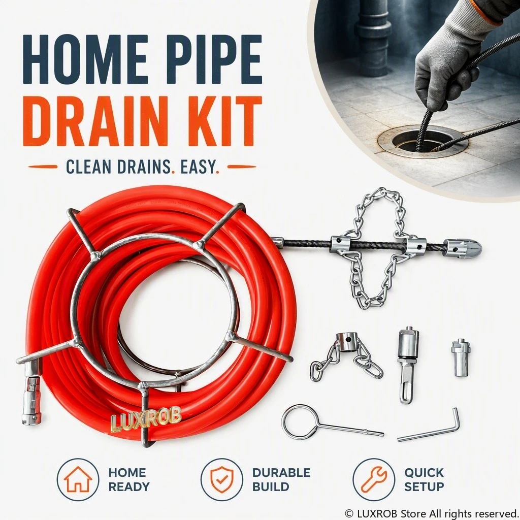 LUXROB Drain Auger Pipe Dredging Kit Flexible 65Mn Spring Drain Snake with Drill Adapter Chain Cutter Sewer Drain Clog Remover