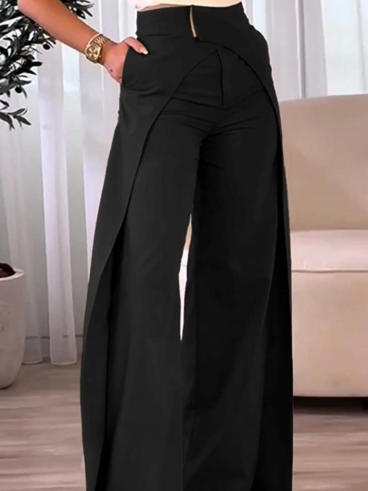 

Широкие брюки с высокой талией, повседневные брюки Street Sle, удобные длинные брюки прямого кроя, полиэфирное волокно