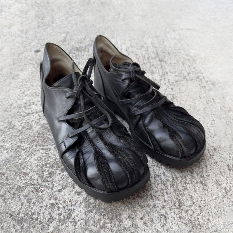 

Black Pleated Distress Women Mens Deby Shoes Fashion Casual Shoes Retro Lace Up Thick Sole Formal Shoes