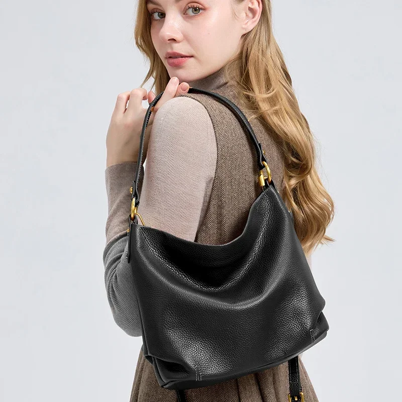 Women Genuine Cowhide Top Grain Leather Tote Bag Shoulder Purse Ladies Commuter Female Structured Trendy All-match Refined 2026