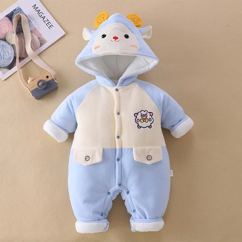 Baby Crawling Clothes Cute Cartoon Hooded Warm Long Sleeve Jumpsuit, Boys And Girls Button Down Fall/Winter Onesie Romper