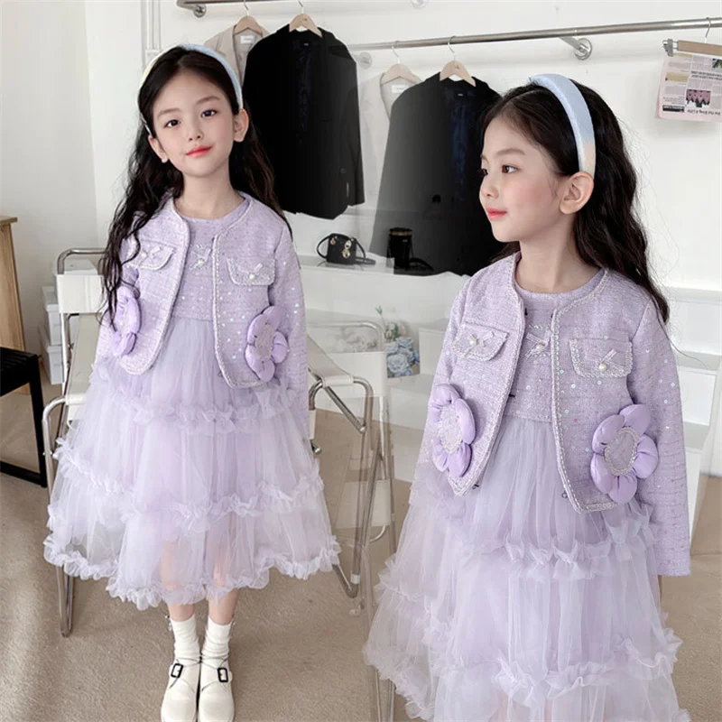 Sweet Outfits Kids Girls Princess 2pcs Clothes Sets Spring Autumn Children Fashion Coat+Skirt Vintage Outfits Suit 2-12 yrs