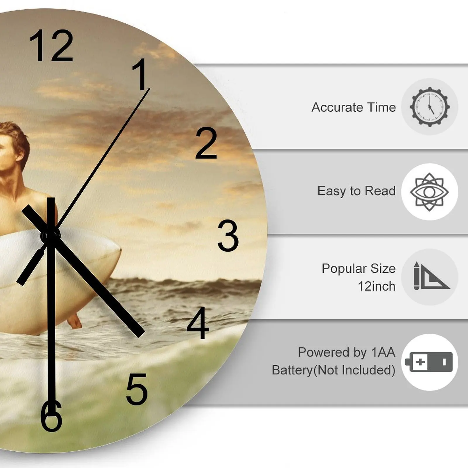 Bedroom Wall Clock Participate in surfing Clocks 12 inch Mute Fashion Round Multicolor Wall Mounted Nordic