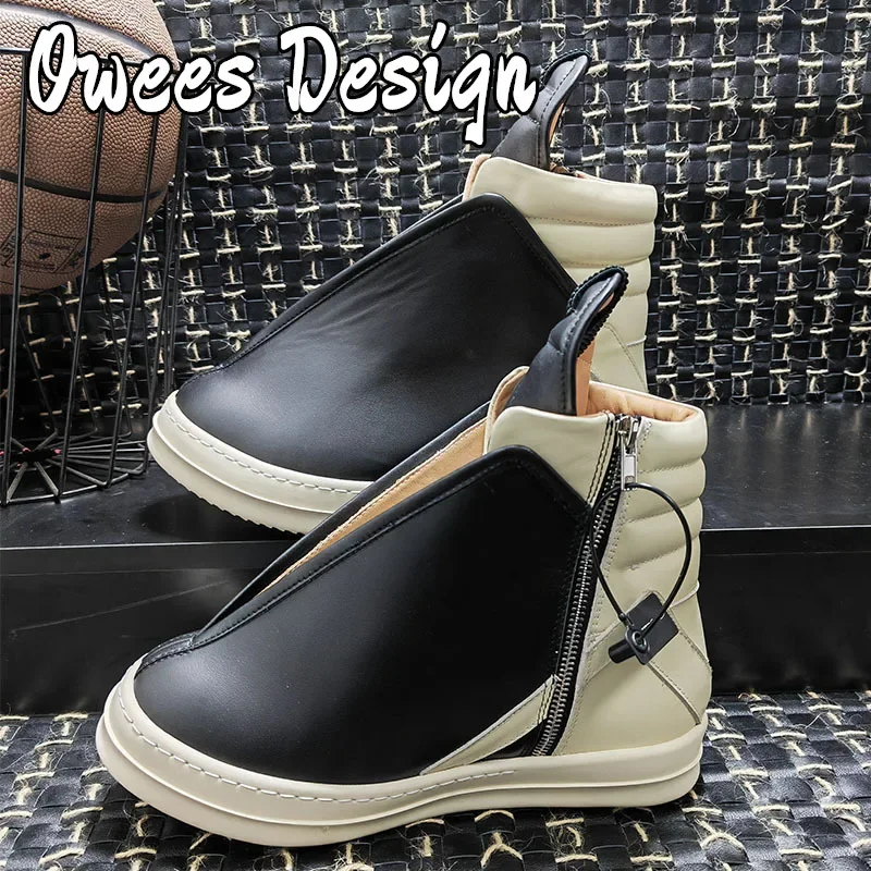 Owees Design Men Shoe Casual High Top Quality Sneaker Black Ankle Boot Geobasket Leather Fashion Thick-sole Flat Zip Boots