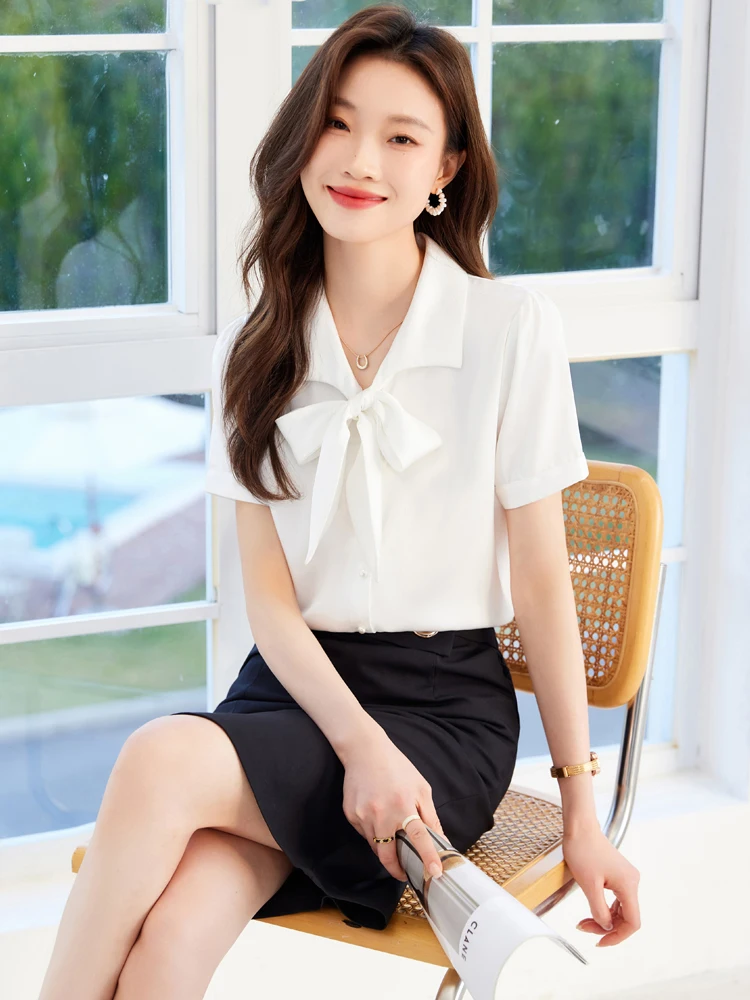 

Faionable Casual White irt Women's Slim Fit ort Sve Profional Sle Korean Version Polyester Fiber Collar