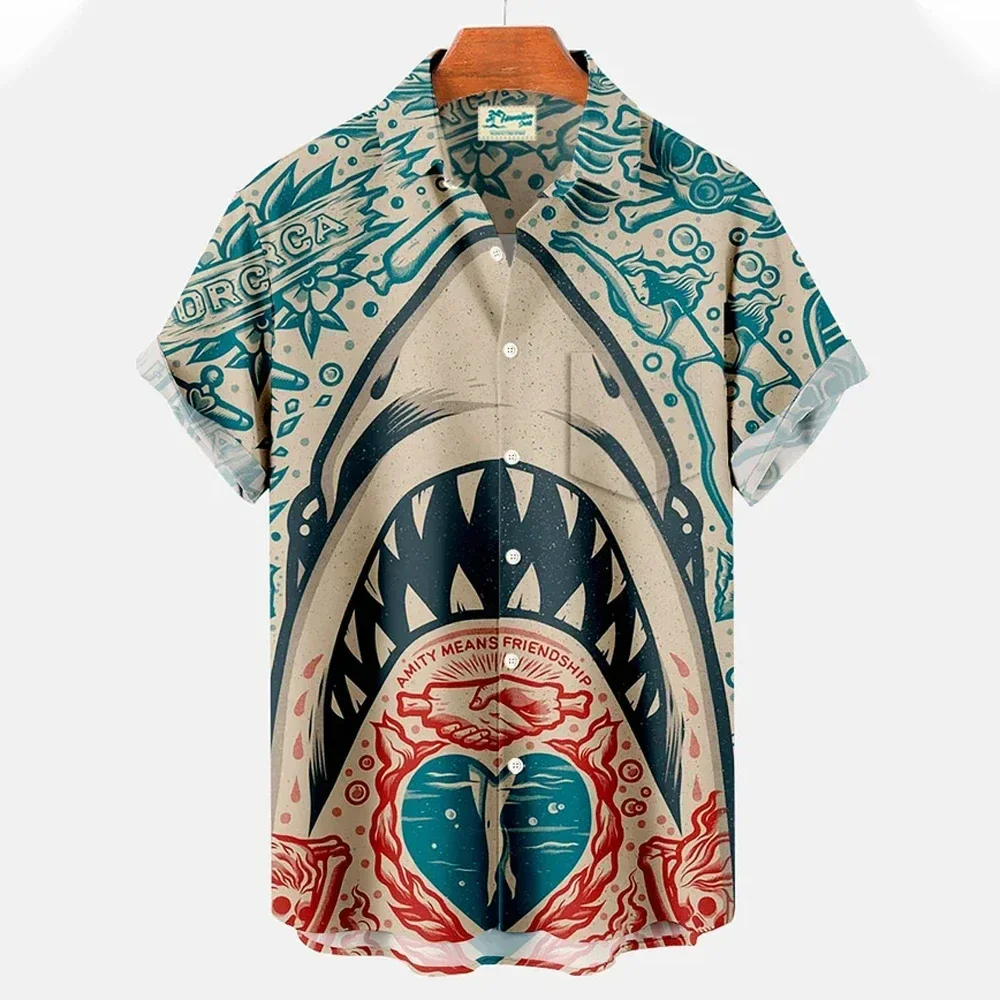 

2026 New Men's Hawaiian Shark Shirt, 3D Animal Print Shirt, Fashion Lapel Short-Sleeve Button-Up Streetwear Top for Men