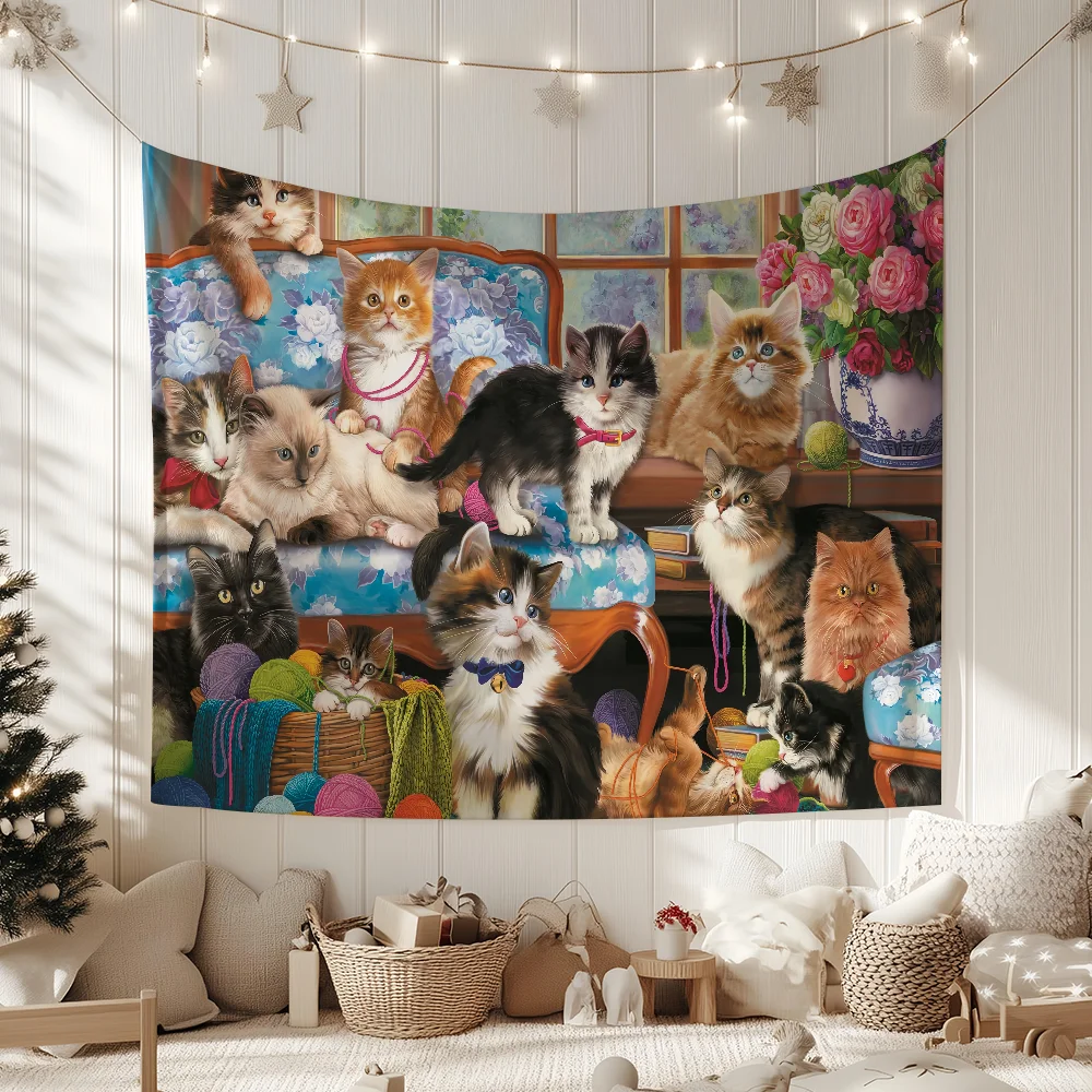 Kittens by the Fireplace Flower flag For Living Room Home Dorm Decor Wall Outdoor Camping Party Banner Gifts