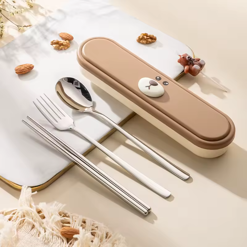 Portable Cutlery Set Food Grade Stainless Steel Fork Spoon Chopstick with Cute Cartoon Animal Box Travelling Dinnerware Set