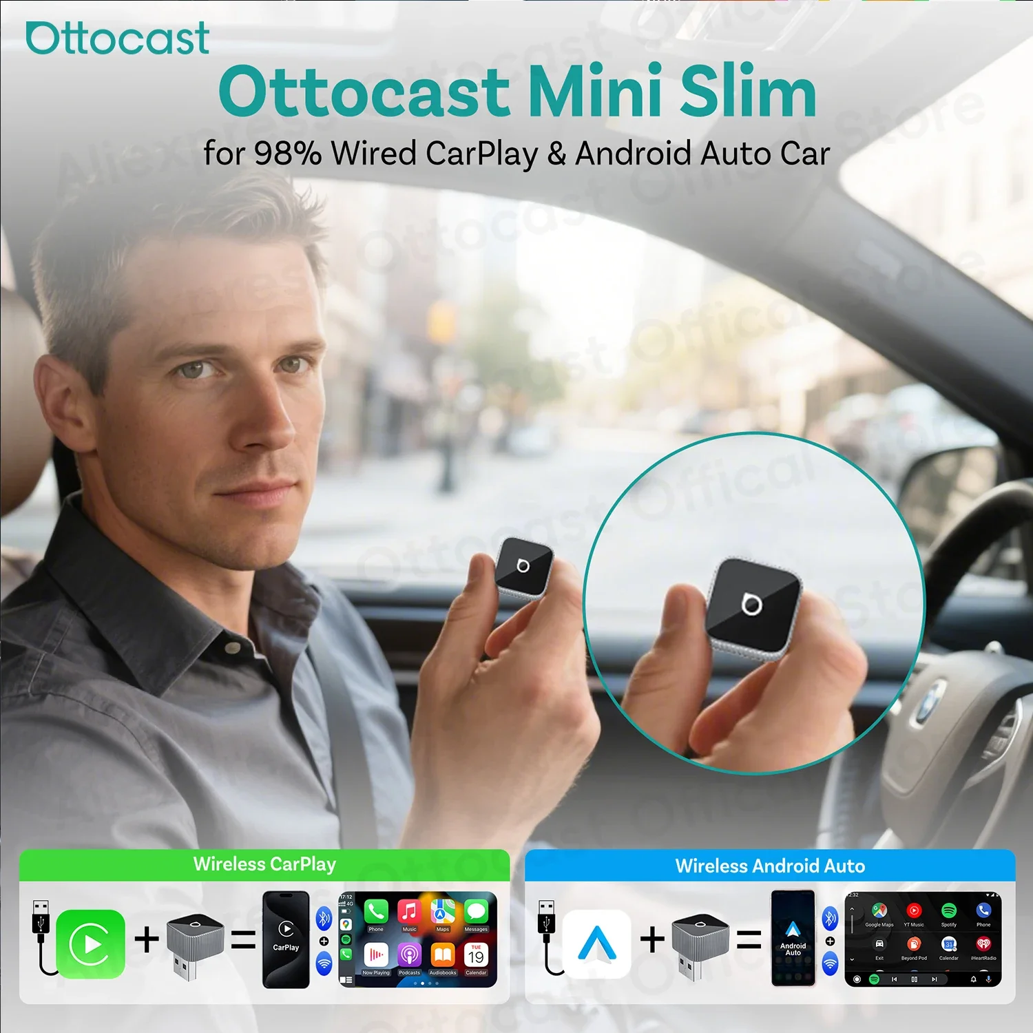 OTTOCAST Mini Slim Cube Wireless Adapter CarPlay Android Auto Super Mini USB Dongle Car Accessorie for Toyota Chevrolet Benz